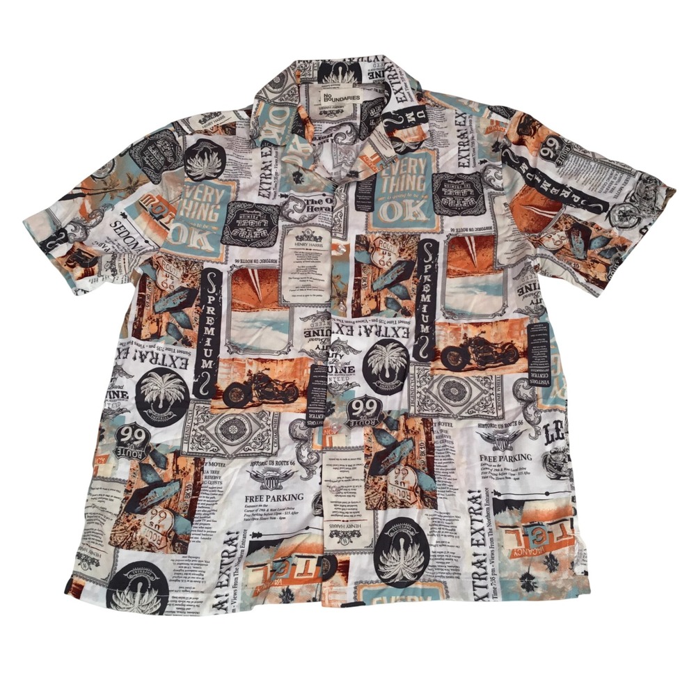 No Boundaries Mens Route 66 Motorcycle Collage Print Rayon Shirt‎ Multi Color M